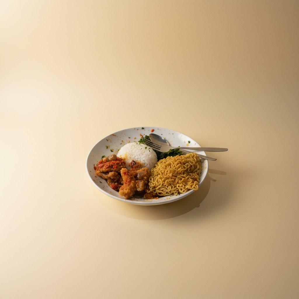 A plate of rice, fried chicken, and noodles.
