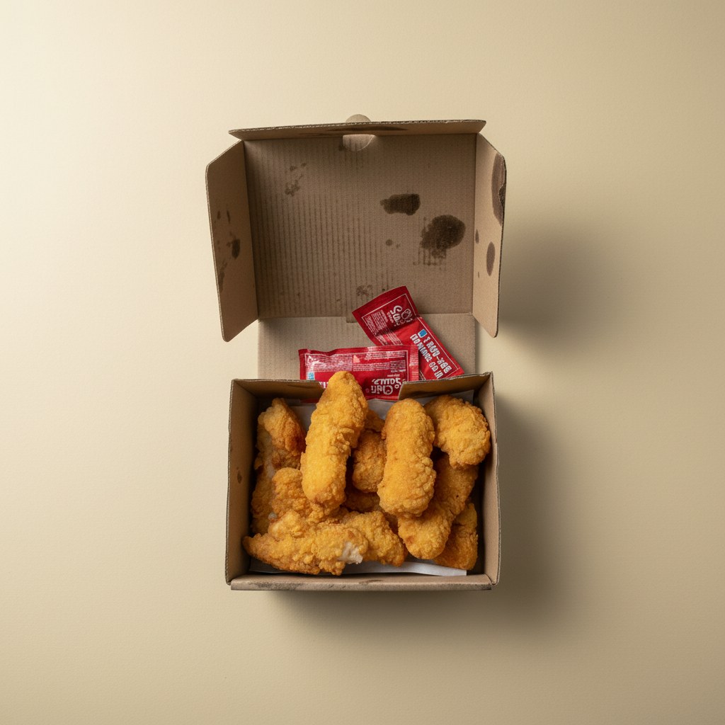 Crispy fried chicken tenders with sauce in a takeaway box.