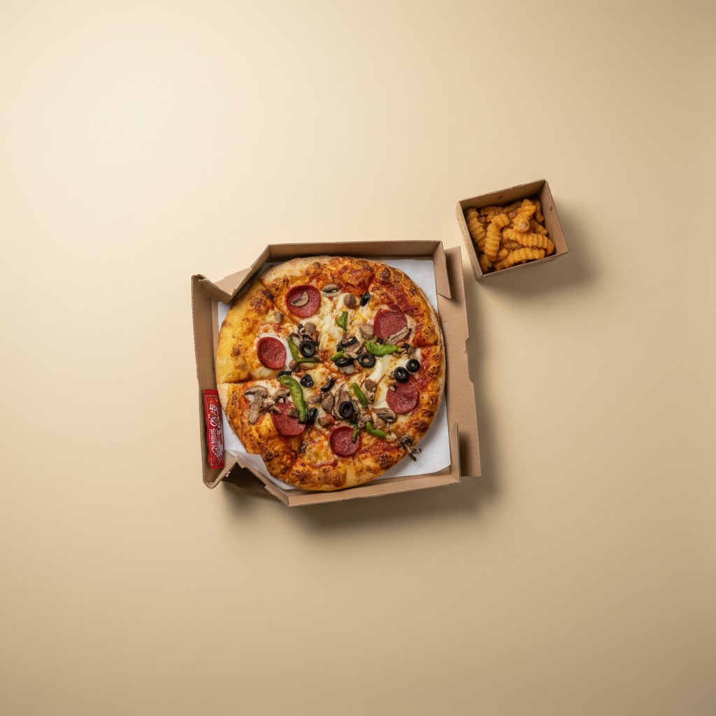 Pepperoni and vegetable pizza in a box with chili sauce.