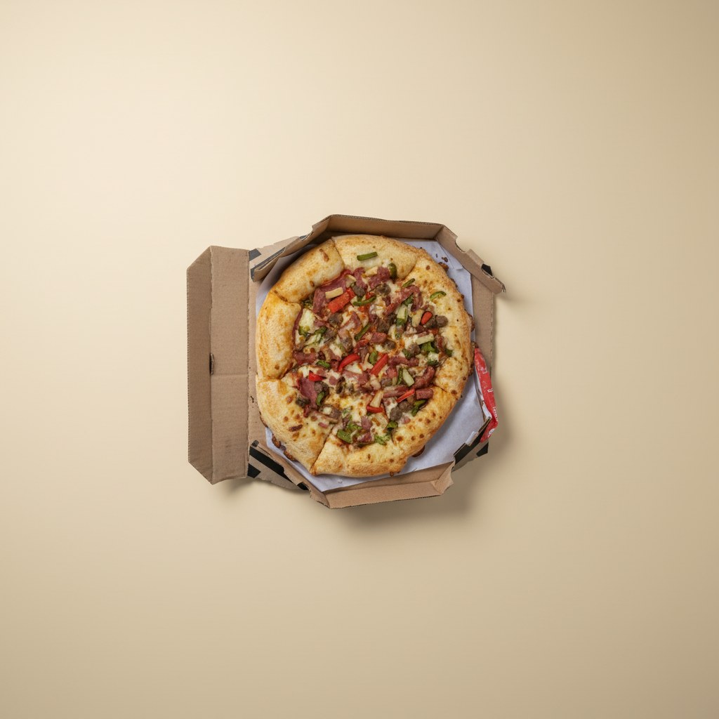 Hot pizza with meat and vegetable toppings in a box.