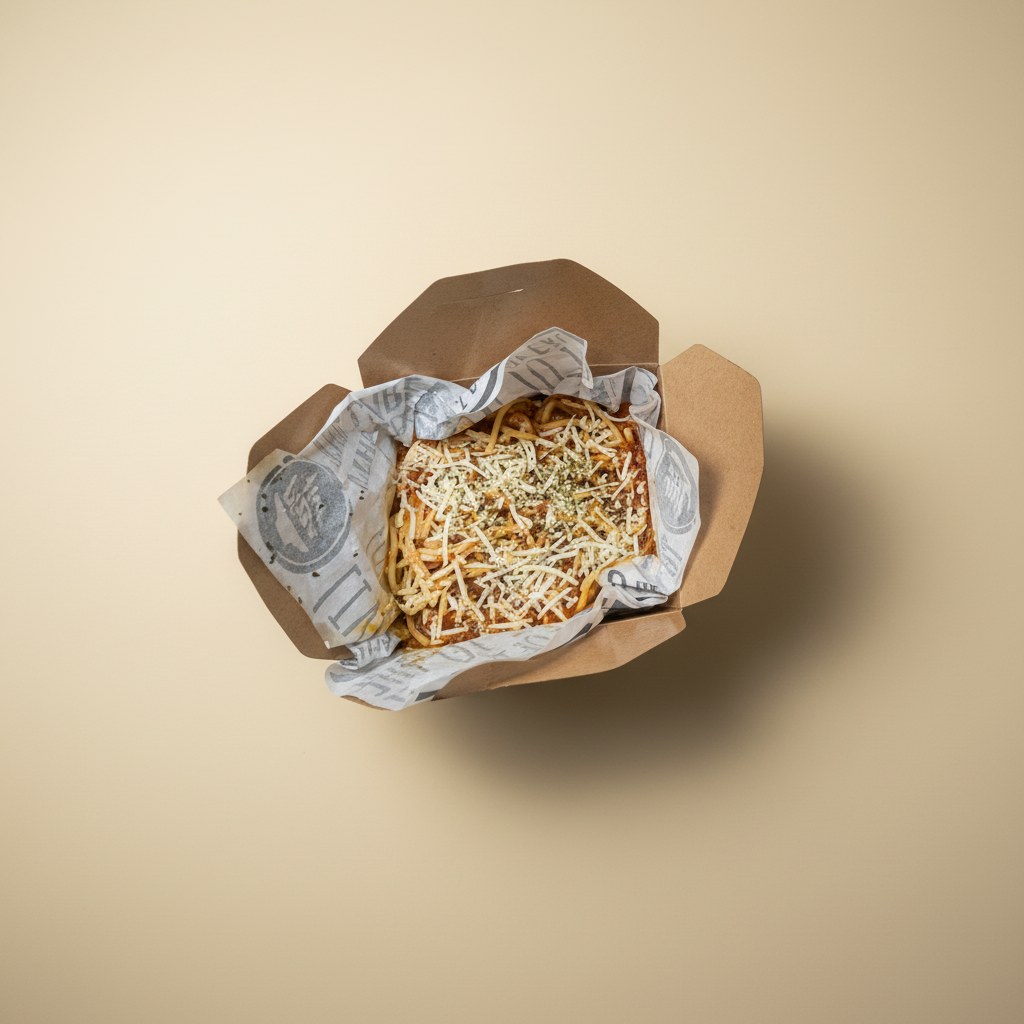 Spaghetti with cheese and herbs in a takeout box.