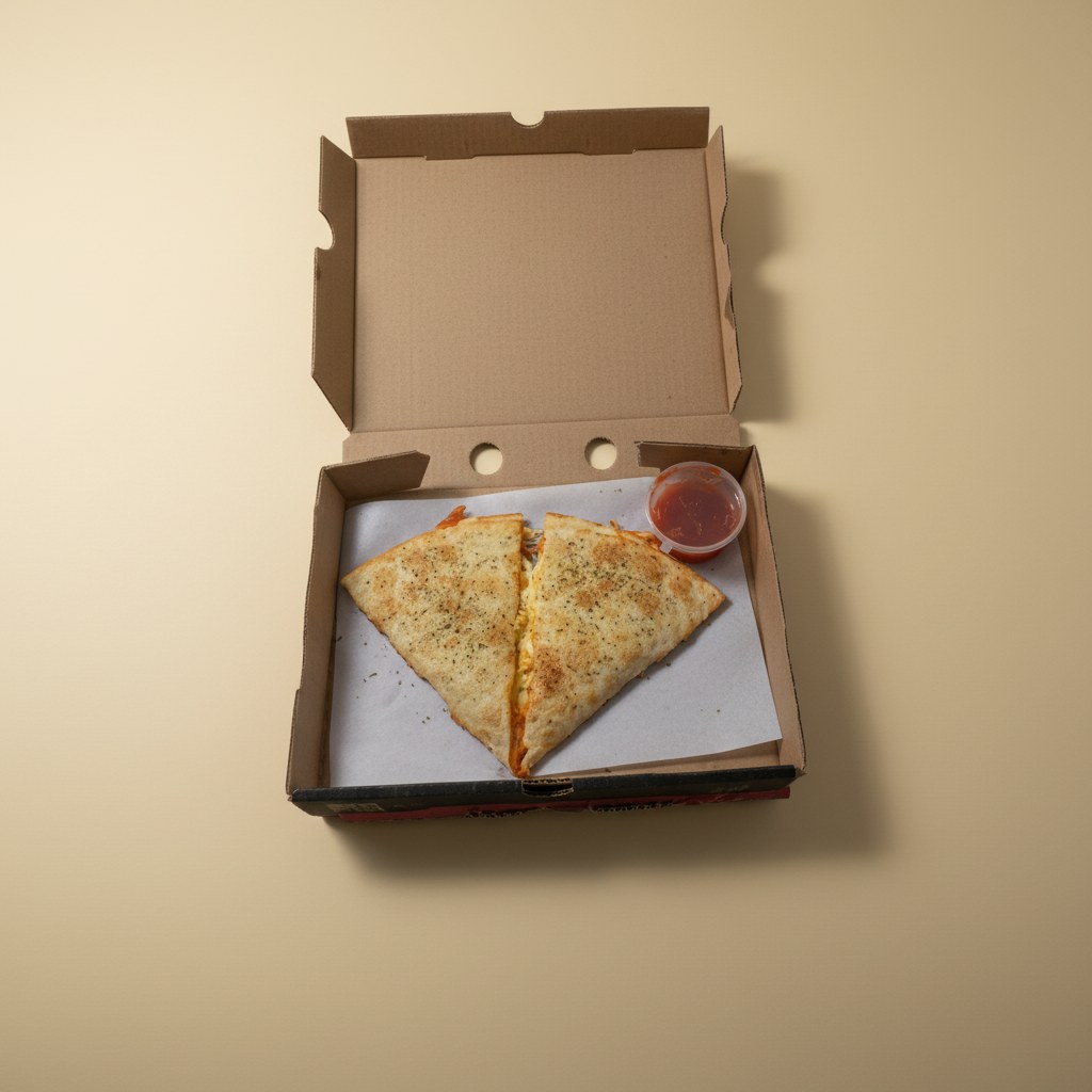 Warm quesadilla slices with a side of red dipping sauce.