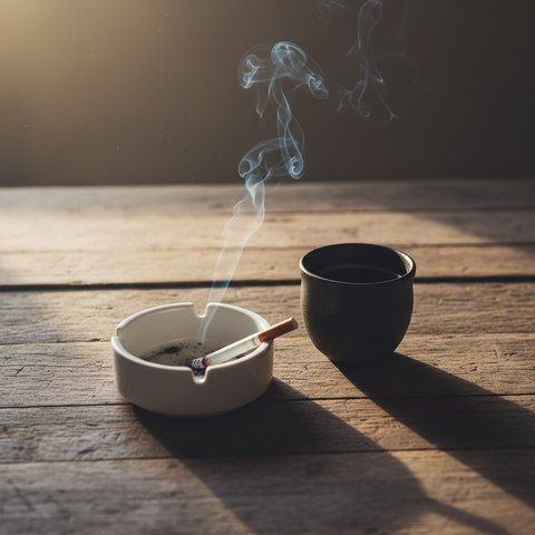 A white ceramic ashtray holding one smoldering cigarette stub beside a small dark ceramic mug of black coffee on a worn wooden desk, with a thin wisp of pale blue smoke drifting upward.