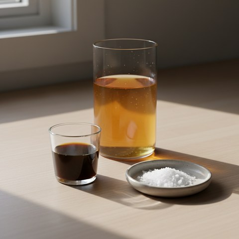 A small glass of black coffee, a tall glass jar of cloudy amber apple cider vinegar, and a small ceramic dish of coarse sea salt on a light wooden counter in soft morning light.