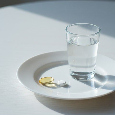 A single amber fish oil softgel and a small white multivitamin tablet on a clean white ceramic plate beside a thin glass of water in cool morning light.