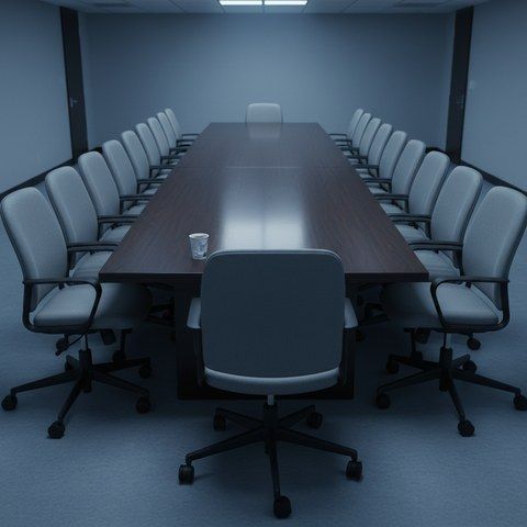 A long empty corporate conference table with rows of identical office chairs pushed in along both sides, lit by cold blue overhead fluorescents. A half-empty paper coffee cup left abandoned on the table.