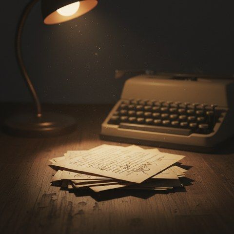 A dusty stack of old printed manuscript pages on a wooden desk, lit by a single warm desk lamp, with a beige typewriter softly out of focus in the background.