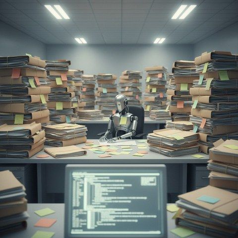 A small humanoid robot at an oversized desk surrounded by towering stacks of paper folders.