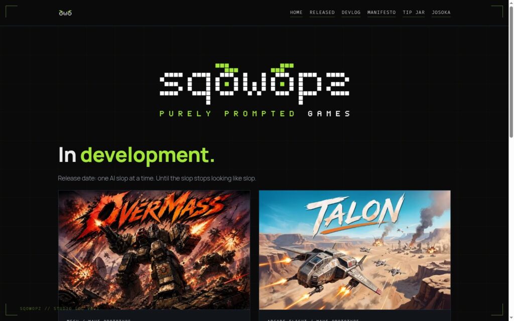 Screenshot of the sqowopz.com homepage, Purely Prompted games, with game cards