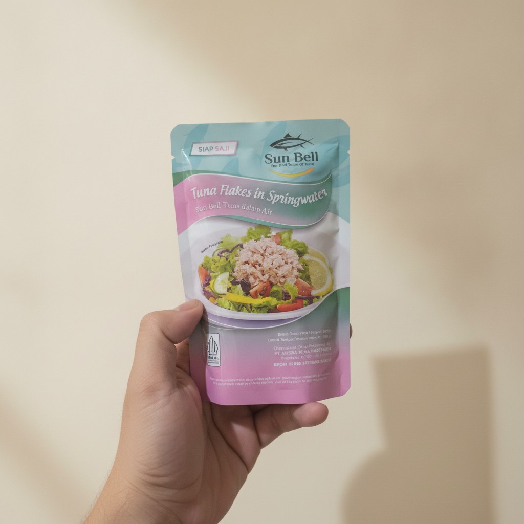 Tuna flakes in springwater packaging, ready to eat.