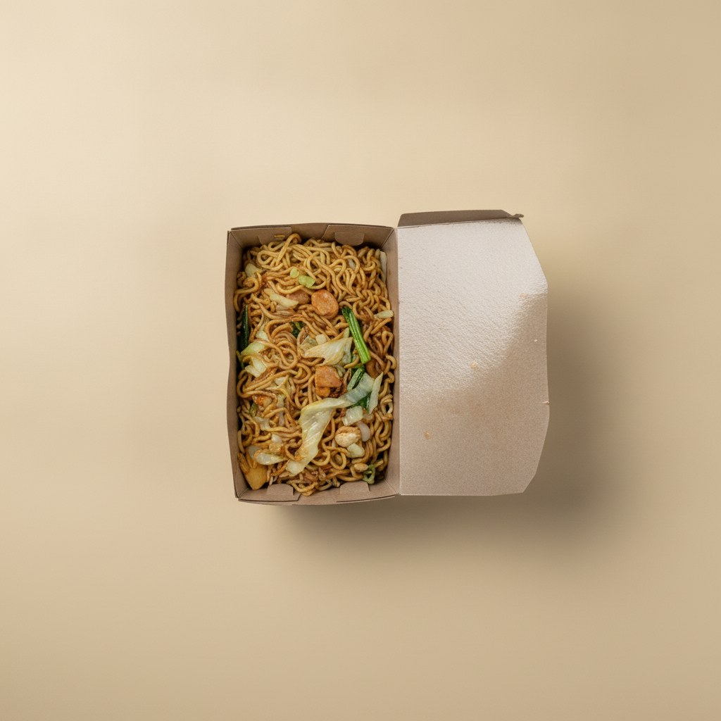 Stir-fried noodles with vegetables in a cardboard takeaway box.