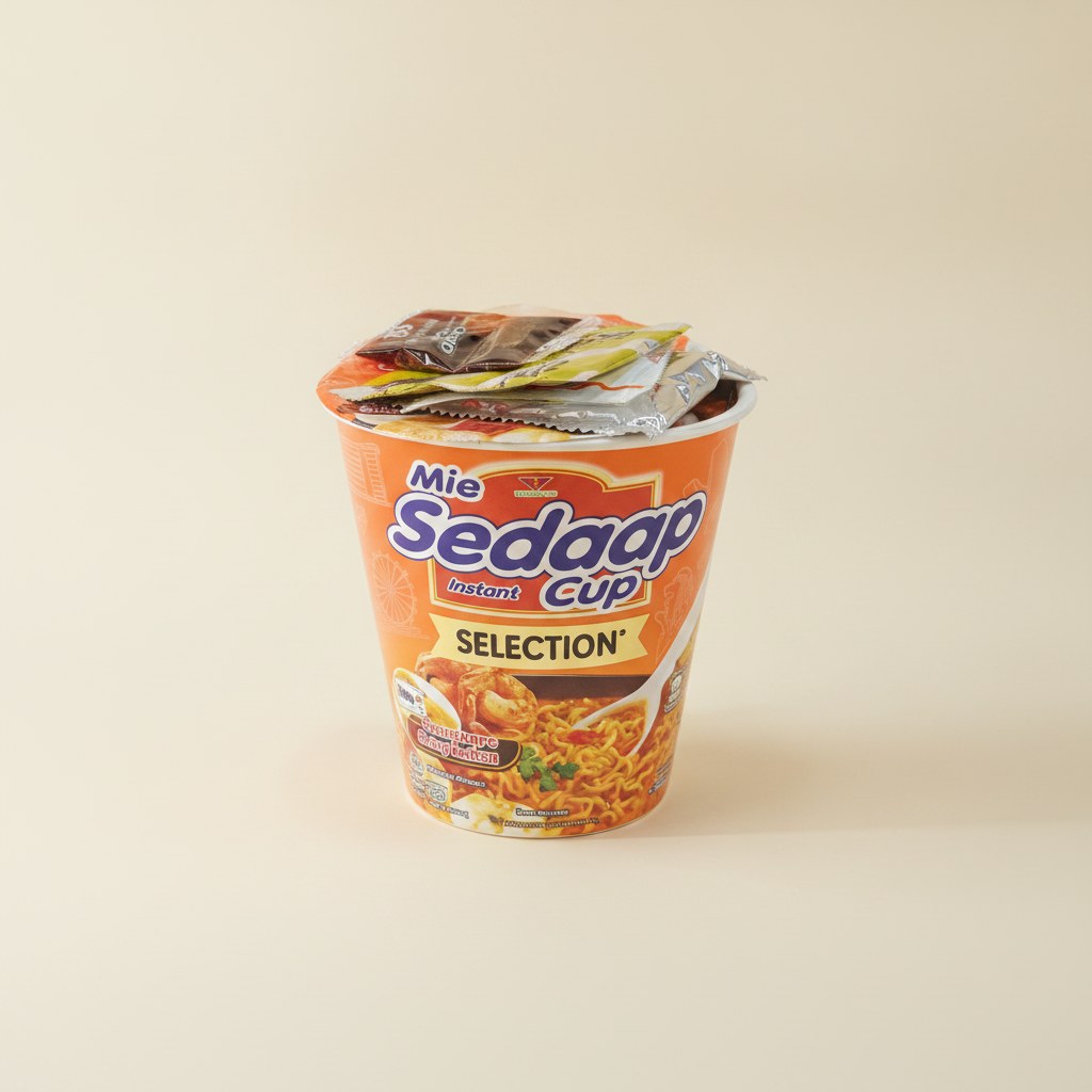 Instant noodles in a cup with seasoning packets.