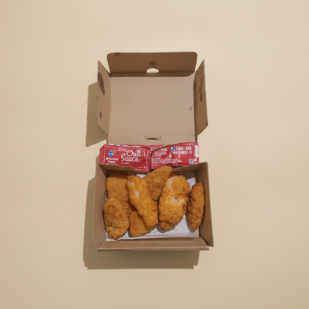 Fried chicken pieces with chili sauce in a cardboard box.