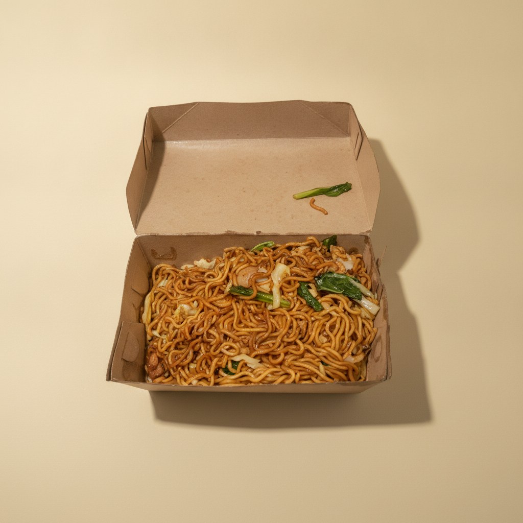 Stir-fried noodles with vegetables in a cardboard box.