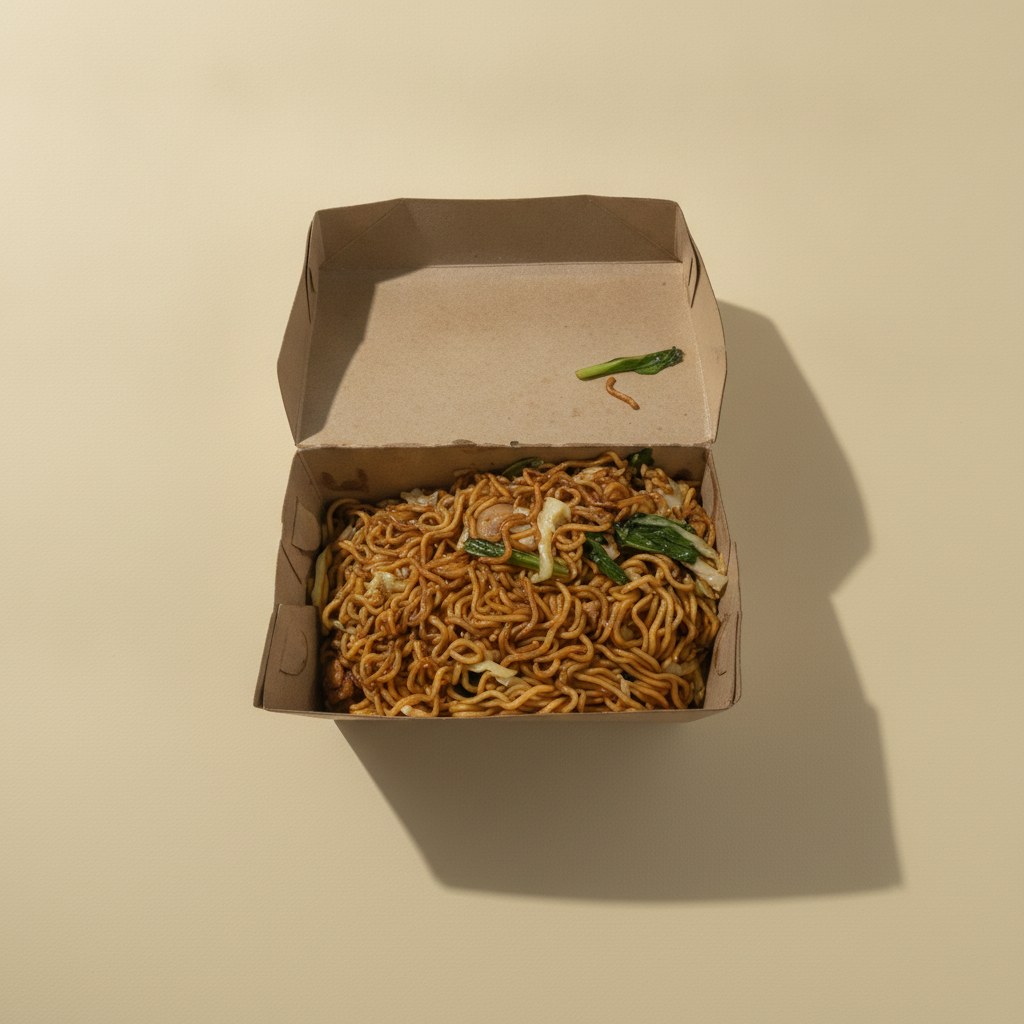 Stir-fried noodles with vegetables in a take-out box.